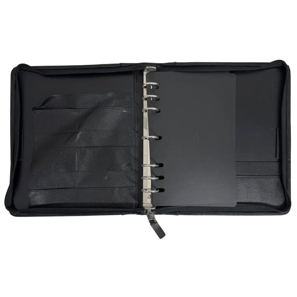Vintage Franklin Quest Covey Classic Black Leather Large 7 Ring Zip Binder